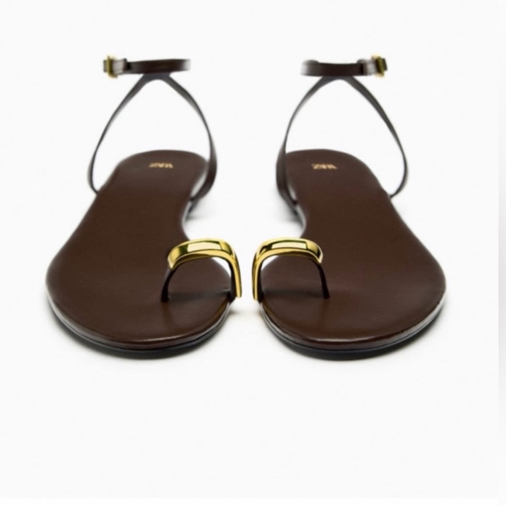 Zara Brown Leather Metal Toe Ring Sandals Size 38
